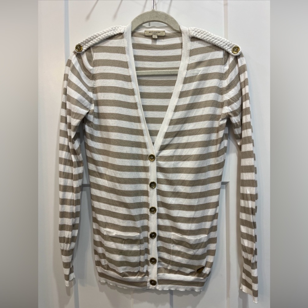 Burberry LONDON Women’s Button Cardigan Epaulets Tan White Stripe Sz‎ Small